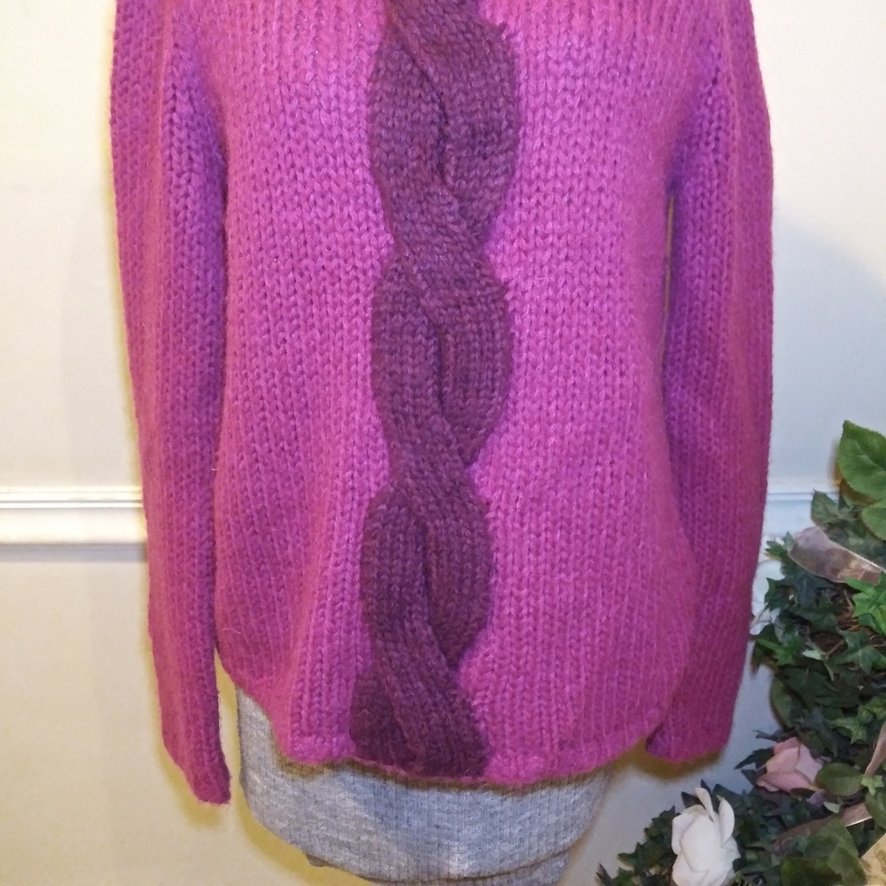 LAST CHANCE - L.L. Bean Fuschia/Purple Cable Knit Mohair/Wool Mock Neck Sweater - Picture 3 of 8